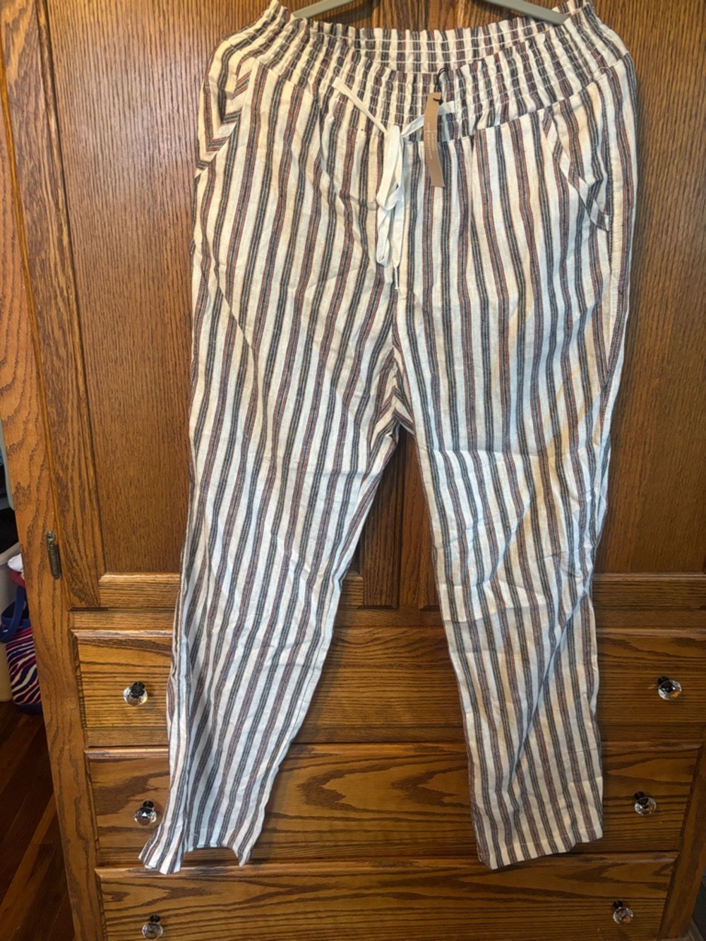 Love Tree Vertical Stripe Straight-Leg Drawstring Pants - White & Brown